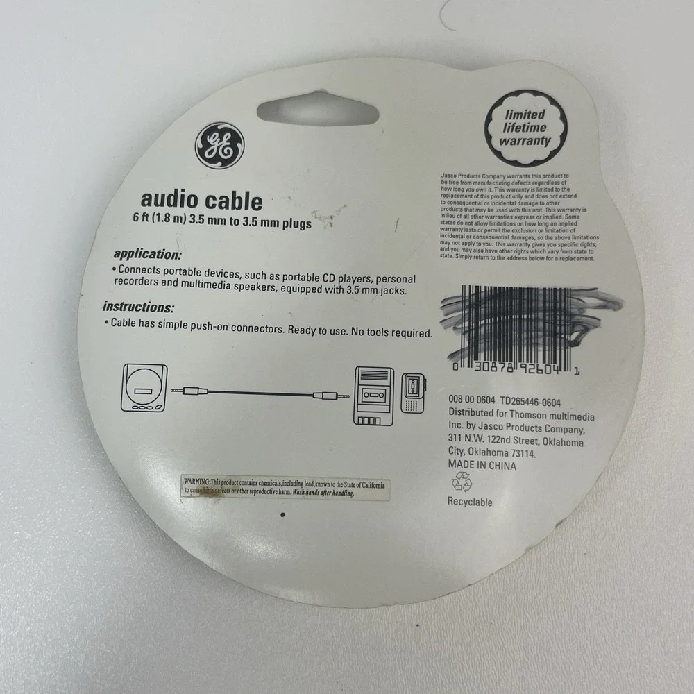 GE Audio Cable 6ft 3.5 mm Jacks Universal Push On Connectors